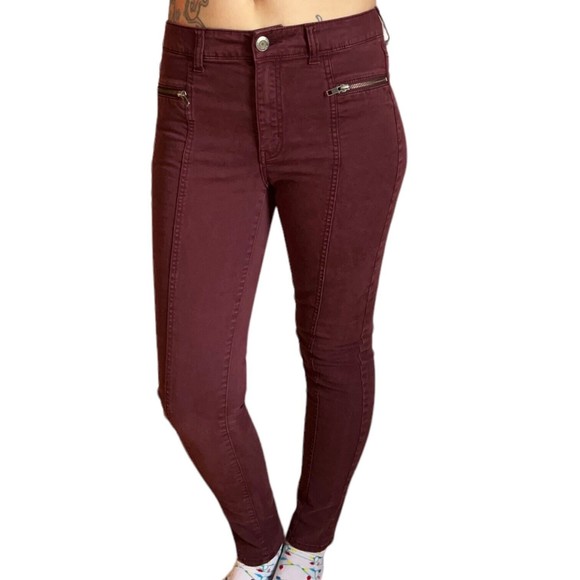 American Eagle Hi-Rise Jegging Women's Size 6 Maroon Moto Ankle Zip Red Stretch - Picture 14 of 16